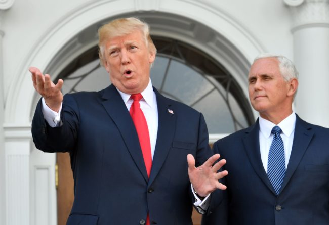 US President Donald Trump and Vice President Mike Pence speak to the press on August 10, 2017, at Trump's Bedminster National Golf Club in New Jersey before a security briefing. / AFP PHOTO / NICHOLAS KAMM / ALTERNATIVE CROP (Photo credit should read NICHOLAS KAMM/AFP/Getty Images)
