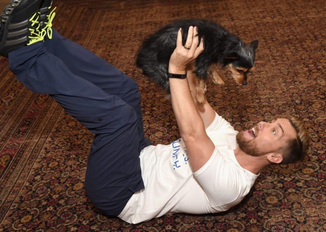LOS ANGELES, CA - AUGUST 23:  Lance Bass with his dog Dale at Natural Balance Pet Foods announce new formula with Lance Bass and Downward Dogs - Literally - at The DEN Meditation on August 23, 2017 in Los Angeles, California.  (Photo by Michael Kovac/Getty Images for Natural Balance)