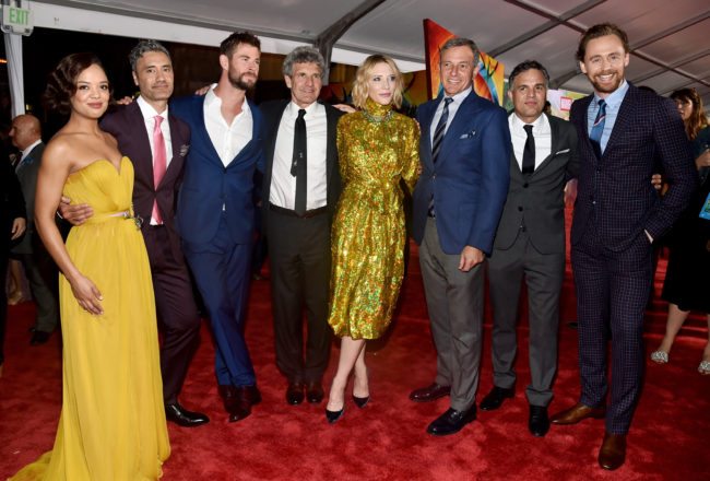 HOLLYWOOD, CA - OCTOBER 10: (L-R) Actor Tessa Thompson, Director Taika Waititi, Actor Chris Hemsworth, Chairman, The Walt Disney Studios, Alan Horn, Actor Cate Blanchett, The Walt Disney Company Chairman and CEO, Bob Iger, Actors Mark Ruffalo and Tom Hiddleston at The World Premiere of Marvel Studios' "Thor: Ragnarok" at the El Capitan Theatre on October 10, 2017 in Hollywood, California. (Photo by Alberto E. Rodriguez/Getty Images for Disney)