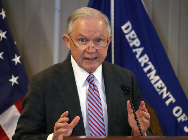 FALLS CHURCH, VA - OCTOBER 12: Attorney General Jeff Sessions delivers a speech titled "the crisis facing our asylum system." at the Executive Office for Immigration Review, on October 12, 2017 in Falls Church, Virginia. (Photo by Mark Wilson/Getty Images)