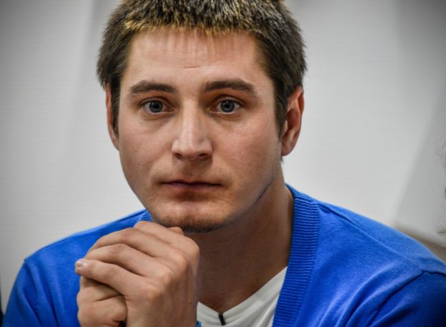 Openly gay Maxim Lapunov, 30, gives a press conference about the Chechnya anti-gay purge in Moscow on October 16, 2017.