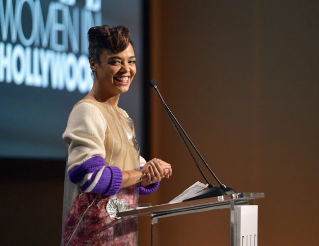 LOS ANGELES, CA - OCTOBER 16: Honoree Tessa Thompson accepts award onstage at ELLE's 24th Annual Women in Hollywood Celebration presented by L'Oreal Paris, Real Is Rare, Real Is A Diamond and CALVIN KLEIN at Four Seasons Hotel Los Angeles at Beverly Hills on October 16, 2017 in Los Angeles, California. (Photo by Matt Winkelmeyer/Getty Images for ELLE)