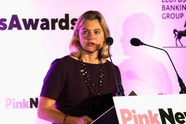 LONDON, ENGLAND - OCTOBER 18: Joint winner of the Politician of the Year award, Justine Greening, Secretary of State for Education, speaks on stage during the Pink News Awards 2017 held at One Great George Street on October 18, 2017 in London, England. (Photo by John Phillips/Getty Images)