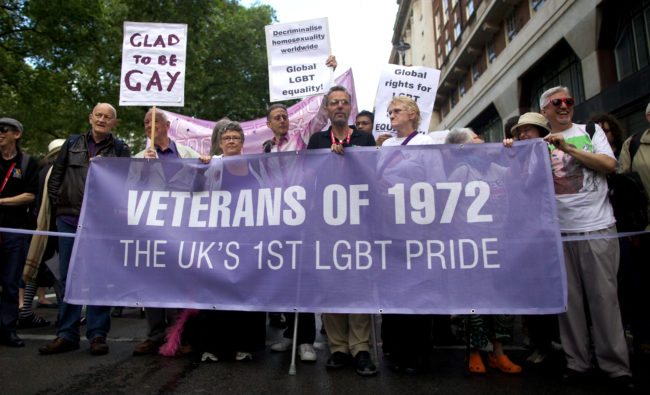 Members of the Gay and Lesbian community parade through London to celebrate the World Pride Festival on July 7, 2012. AFP PHOTO/ANDREW COWIE        (Photo credit should read Andrew Cowie/AFP/GettyImages)