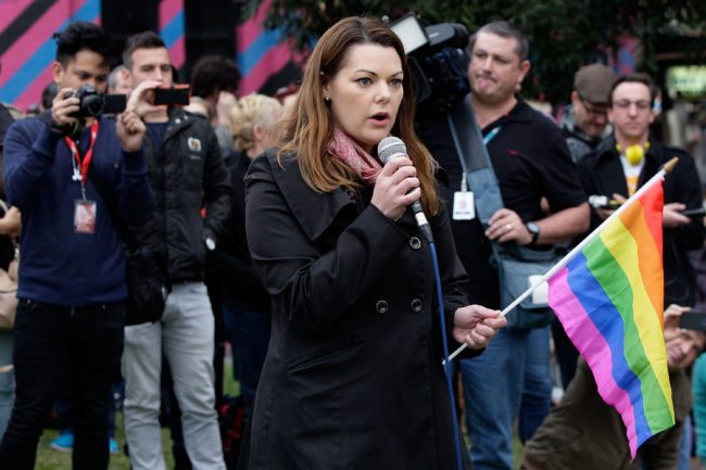 SYDNEY, AUSTRALIA - MAY 31:  Greens Senator Sarah Hanson-Young addresses a large crowd at Taylor Square in support of marriage equality on May 31, 2015 in Sydney, Australia. They are specifically calling on the government to allow for a free vote on marriage equality.  (Photo by Lisa Maree Williams/Getty Images)