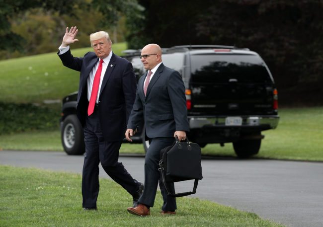 WASHINGTON, DC - JUNE 16:  U.S. President Donald Trump (L) and National Security Adviser H.R. McMaster (R) walk on the South Lawn prior to a Marine One departure from the White House June 16, 2017 in Washington, DC. President Trump traveled to Miami, Florida, to unveil new policy towards Cuba.  (Photo by Alex Wong/Getty Images)