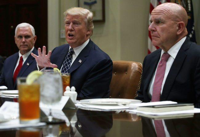 WASHINGTON, DC - JULY 18:  U.S. President Donald Trump speaks to members of the media as Vice President Mike Pence (L) and National Security Adviser H.R. McMaster listen during a lunch with armed service members at the Roosevelt Room of the White House July 18, 2017 in Washington, DC. President Trump took questions from the press and discussed the status of the healthcare legislation.  (Photo by Alex Wong/Getty Images)