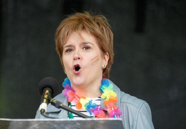 GLASGOW, SCOTLAND - AUGUST 19: First Minister Nicola Sturgeon addresses the assembled crowd at Glasgow Pride on August 19, 2017 in Glasgow, Scotland. The largest festival of LGBTI celebration in Scotland is held every year in Glasgow since 1996. (Photo by Robert Perry/Getty Images)