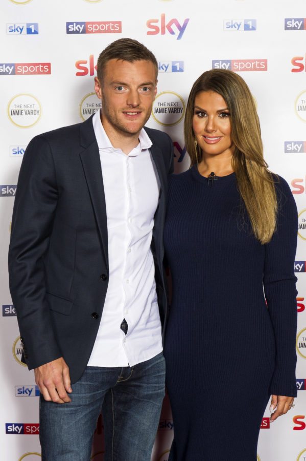 LONDON, ENGLAND - SEPTEMBER 5:  In this handout image provided by Sky, Footballer Jamie Vardy poses with his wife Rebekah Vardy as they attend the premiere of "The Next Jamie Vardy" at Sky Central on September 5, 2107 in London, England. The TV show will air on Sky 1 from September 16, 2017. (Photo by Chris Lobina/Sky via Getty Images)