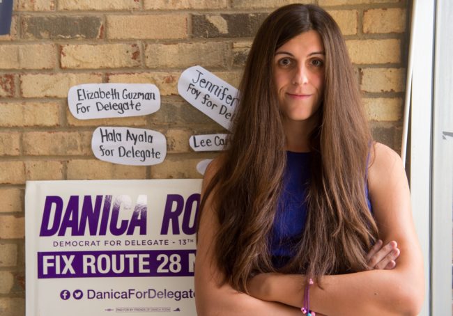 Danica Roem, a Democrat for Delegate in Virginia's district 13, and who is transgender, sits in her campaign office on September 22, 2017, in Manassas, Virginia. "Look at the inside of my shoe, ok?" replies Danica Roem when asked how many voters she has already approached in her bid to win a Virginia statehouse seat.The Democratic candidate has no time for subtleties as she races to become the first openly transgender person elected to office in this Republican US state. Whether spitting in the trashcan during a recent interview with Cosmopolitan magazine or whipping off her ballerina flat to show its worn insole to AFP, this young woman does not shy from flaunting her working-class roots. / AFP PHOTO / Paul J. RICHARDS / TO GO WITH AFP STORY -"Transgender metalhead makes historic political office bid" (Photo credit should read PAUL J. RICHARDS/AFP/Getty Images)