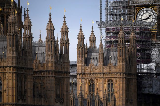 Scaffolding around the Elizabeth Tower, commonly called Big Ben, is seen during ongoing renovations to the Tower and the Houses of Parliament, in central London on November 1, 2017. / AFP PHOTO / Chris J Ratcliffe        (Photo credit should read CHRIS J RATCLIFFE/AFP/Getty Images)