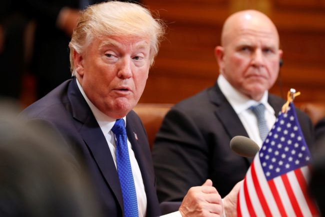 US President Donald Trump (L) sits beside National Security Advisor HR McMaster as he talks with South Korea's President Moon Jae-In during their summit meeting at the presidential Blue House in Seoul on November 7, 2017.  US President Donald Trump arrived in Seoul on November 7 vowing to "figure it all out" with his South Korean counterpart Moon Jae-In, despite the two allies' differences on how to deal with the nuclear-armed North. / AFP PHOTO / POOL / JEON HEON-KYUN        (Photo credit should read JEON HEON-KYUN/AFP/Getty Images)
