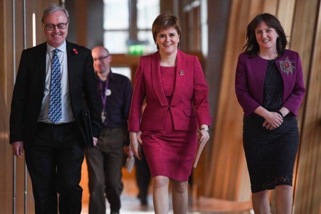 EDINBURGH, SCOTLAND - NOVEMBER 07: First Minister Nicola Sturgeon arrives at the Scottish Parliament,where she gave a formal apology to gay men on November 7, 2017 in Edinburgh, Scotland. The statement coincided with a new legislation that will automatically pardon gay and bisexual men convicted under historical laws. (Photo by Jeff J Mitchell/Getty Images)