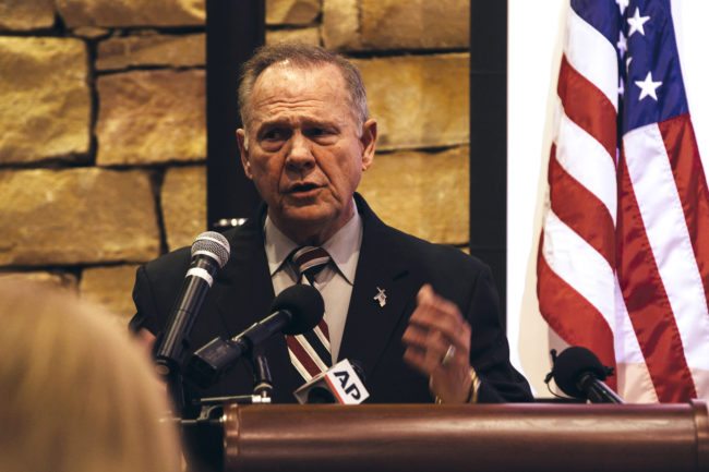 VESTAVIA HILLS, AL - NOVEMBER 11: Republican candidate for U.S. Senate Judge Roy Moore speaks during a mid-Alabama Republican Club's Veterans Day event on November 11, 2017 in Vestavia Hills, Alabama. This week Moore's campaign was brought under scrutiny, after being accused of sexual misconduct with underage girls when he was in his 30's. (Photo by Wes Frazer/Getty Images)