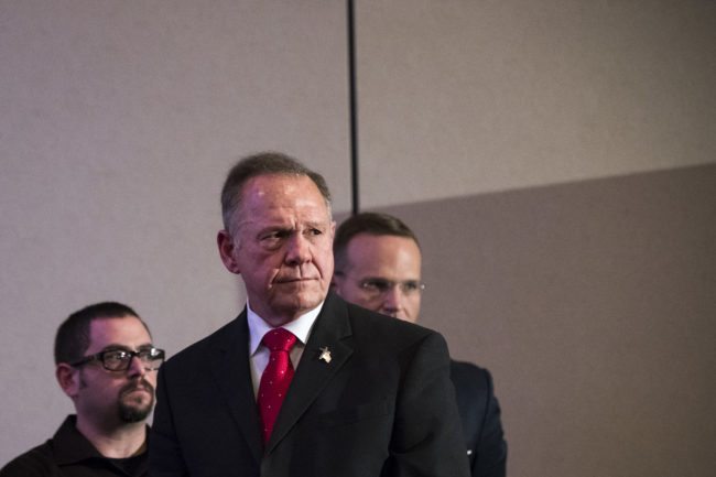 BIRMINGHAM, AL - NOVEMBER 16: Republican candidate for U.S. Senate Judge Roy Moore listens to a question during a news conference with supporters and faith leaders, November 16, 2017 in Birmingham, Alabama. Moore refused to answer questions regarding sexual harassment allegations and pursuing relationships with underage women. (Drew Angerer/Getty Images)