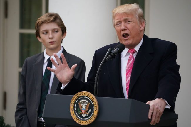 WASHINGTON, DC - NOVEMBER 21:  Barron Trump joins his father U.S. President Donald Trump as he makes remarks before pardoning the National Thanksgiving Turkey with National Turkey Federation Chairman Carl Wittenburg and his family in the Rose Garden at the White House November 21, 2017 in Washington, DC. Following the presidential pardon, 'Drumstick,' the 40-pound White Holland breed which was raised by Wittenburg in Minnesota, will then reside at his new home, 'Gobbler's Rest,' at Virginia Tech.  (Photo by Chip Somodevilla/Getty Images)