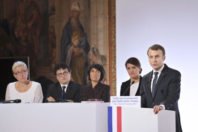 (From L) President of the association Femmes Solidaires Sabine Salmon, French emergency doctor and writer Patrick Pelloux, French humorist and patron of the association "Women Safe" Florence Foresti and French Junior Minister for Gender Equality Marlene Schiappa and French President Emmanuel Macron (R) attend the International Day for the Elimination of Violence Against Women, on November 25, 2017 at the Elysee Palace in Paris. / AFP PHOTO / POOL / ludovic MARIN        (Photo credit should read LUDOVIC MARIN/AFP/Getty Images)