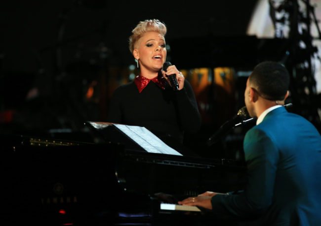 LOS ANGELES, CA - NOVEMBER 18:  Recording artists P!nk (L) and John Legend perform onstage at A+E Networks "Shining A Light" concert at The Shrine Auditorium on November 18, 2015 in Los Angeles, California.  (Photo by Christopher Polk/Getty Images for A+E Networks)