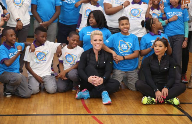 NEW YORK, NY - NOVEMBER 30:  Grammy award winner P!nk celebrates nationwide launch of UNICEF Kid Power with NYC school children at PS 242 on November 30, 2015 in New York City.  (Photo by Cindy Ord/Getty Images for UNICEF)