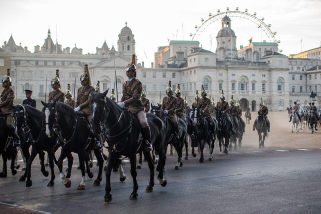 LONDON, ENGLAND - JULY 07: Troops from the Household Division process out of Horse Guards Parade on July 7, 2017 in London, England. The Household Division rehearse during the early hours of the morning today ahead of next week's State Visit by the King and Queen of Spain. Britain's Queen Elizabeth and Prince Philip, Duke of Edinburgh will host Spain's King Felipe and Queen Letitzia at Buckingham Palace during their State Visit from Wednesday 12th to Friday 14th July, 2017. (Photo by Jack Taylor/Getty Images)