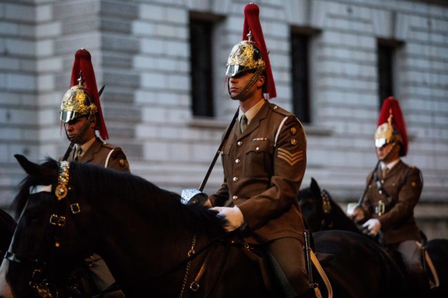 LONDON, ENGLAND - JULY 07: Troops from the Household Division process down Horse Guards Road on July 7, 2017 in London, England. The Household Division rehearse during the early hours of the morning today ahead of next week's State Visit by the King and Queen of Spain. Britain's Queen Elizabeth and Prince Philip, Duke of Edinburgh will host Spain's King Felipe and Queen Letitzia at Buckingham Palace during their State Visit from Wednesday 12th to Friday 14th July, 2017. (Photo by Jack Taylor/Getty Images)
