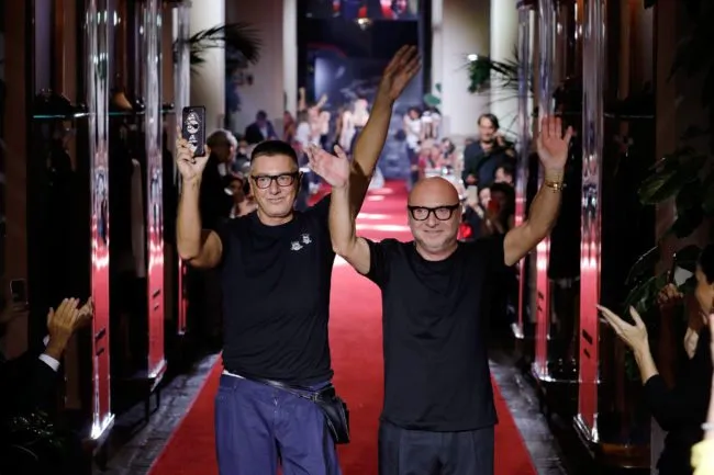 MILAN, ITALY - SEPTEMBER 23: Stefano Gabbana and Domenico Dolce walks the runway at the Dolce & Gabbana secret show during Milan Fashion Week Spring/Summer 2018 at Bar Martini on September 23, 2017 in Milan, Italy. (Photo by Andreas Rentz/Getty Images)