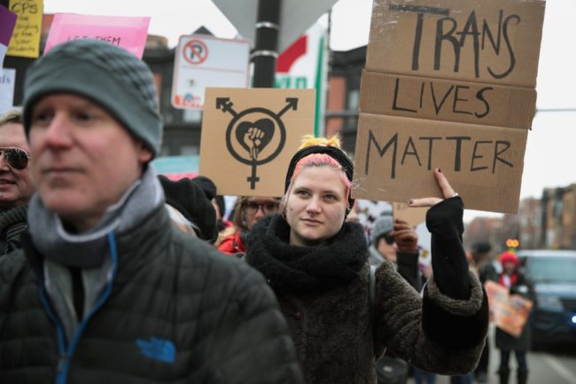 CHICAGO, IL - FEBRUARY 25: Demonstrators protest for transgender rights on February 25, 2017 in Chicago, Illinois. The demonstrators were angry with President Donald Trumps recent decision to reverse the Obama-era policy requiring public schools to allow transgender students to use the bathroom that corresponds with their gender identity. (Photo by Scott Olson/Getty Images)