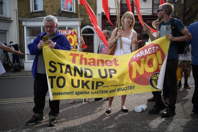 RAMSGATE, ENGLAND - JUNE 03: Anti-UKIP protesters demostrate outside a UKIP meeting ahead of a visit by Nigel Farage as he campaigns ahead of the general election on June 3, 2017 in Ramsgate, England. All parties continue to push the platforms of their party across the country ahead of the general election on June 8. (Photo by Carl Court/Getty Images)