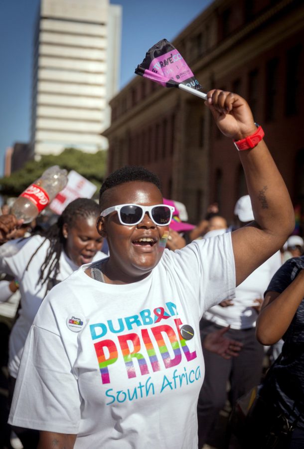 A woman chants slogans as members of the South African Lesbian, Gay, Bisexual and Transgender and Intersex (LGBTI) community take part in the annual Gay Pride Parade, as part of the three-day Durban Pride Festival, on June 24, 2017 in Durban. / AFP PHOTO / RAJESH JANTILAL        (Photo credit should read RAJESH JANTILAL/AFP/Getty Images)