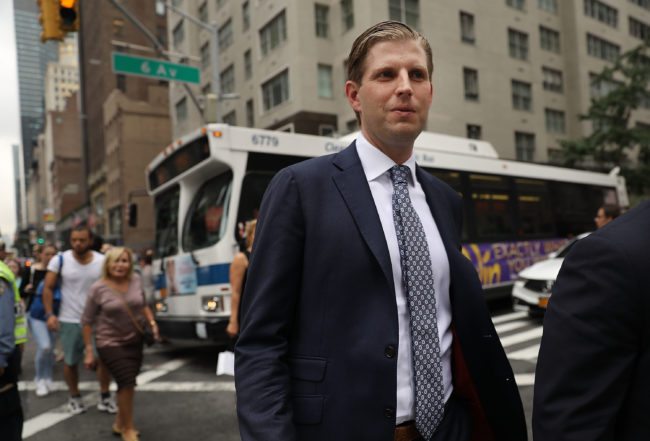 NEW YORK, NY - AUGUST 15: Eric Trump, son of President Donald Trump, walks outside of Trump Tower on August 15, 2017 in New York City. Security throughout the area is high as President Trump arrived at his residence in the tower last night, his first visit back to his apartment since his inauguration. Numerous protests and extensive road closures are planned for the area. (Photo by Spencer Platt/Getty Images)