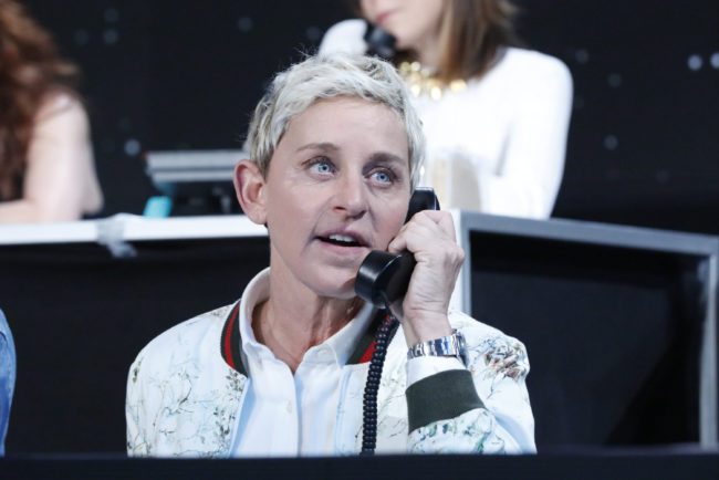 LOS ANGELES, CA - OCTOBER 14: In this handout photo provided by One Voice: Somos Live!, Ellen DeGeneres participates in the phone bank during "One Voice: Somos Live! A Concert For Disaster Relief" at the Universal Studios Lot on October 14, 2017 in Los Angeles, California. Marisa Tomei (Photo by Evans Vestal Ward /NBCUniversal/One Voice: Somos Live!/Getty Images)