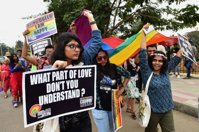Indian LGBT rights activists take part in the Bengaluru Gay Pride March 2017 in Bangalore on November 26, 2017. (MANJUNATH KIRAN/AFP/Getty Images)