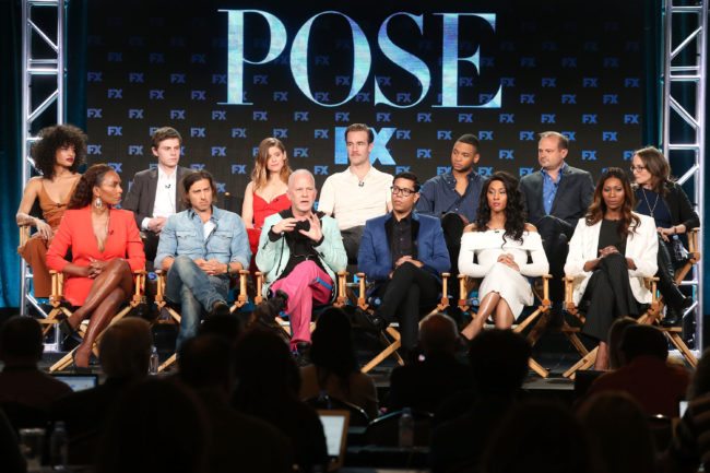 PASADENA, CA - JANUARY 05:  (L-R, Back Row) Actors Indya Moore, Evan Peters, Kate Mara, James Van der Beek, Ryan Jamaal Swain, executive producer Brad Simpson and executive producer Nina Jacobson, (l-r, front row) producer/writer Janet Mock, co-creator/executive producer/writer Brad Falchuk, co-creator/showrunner/executive producer/writer/director Ryan Murphy, co-creator/executive producer/writer Steven Canals and actors MJ Rodriguez and Dominique Jackson of the television show POSE speak onstage during the FOX/FX Networks portion of the 2018 Winter Television Critics Association Press Tour at The Langham Huntington, Pasadena on January 5, 2018 in Pasadena, California.  (Photo by Frederick M. Brown/Getty Images)