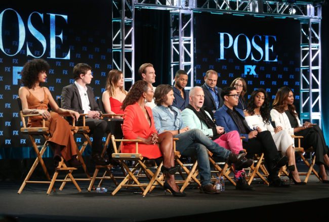 PASADENA, CA - JANUARY 05:  (L-R, Back Row) Actors Indya Moore, Evan Peters, Kate Mara, James Van der Beek, Ryan Jamaal Swain, executive producer Brad Simpson and executive producer Nina Jacobson, (l-r, front row) producer/writer Janet Mock, co-creator/executive producer/writer Brad Falchuk, co-creator/showrunner/executive producer/writer/director Ryan Murphy, co-creator/executive producer/writer Steven Canals and actors MJ Rodriguez and Dominique Jackson of the television show POSE speak onstage during the FOX/FX Networks portion of the 2018 Winter Television Critics Association Press Tour at The Langham Huntington, Pasadena on January 5, 2018 in Pasadena, California.  (Photo by Frederick M. Brown/Getty Images)