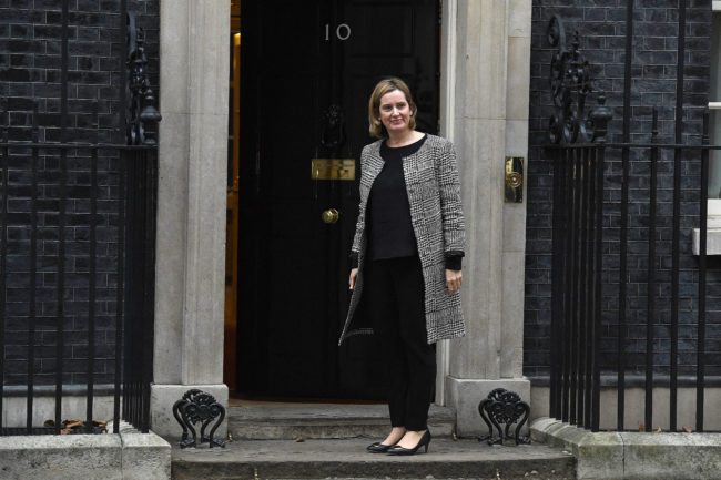LONDON, ENGLAND - JANUARY 08:  Current Home Secretary, Amber Rudd arrives at 10 Downing Street as Prime Minister Theresa May Reshuffles her cabinet on January 8, 2018 in London, England. Today's Cabinet reshuffle is Theresa May's third since becoming Prime Minister in July 2016 and was triggered after she sacked first secretary of state and close friend Damian Green before Christmas.  (Photo by Leon Neal/Getty Images)