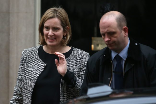 Britain's Home Secretary Amber Rudd leaves 10 Downing street in London on January 8, 2018. British Prime Minister Theresa May began a major reshuffle of her cabinet by replacing the chairman of her Conservative Party, ahead of more ministerial changes expected later today. / AFP PHOTO / Daniel LEAL-OLIVAS        (Photo credit should read DANIEL LEAL-OLIVAS/AFP/Getty Images)