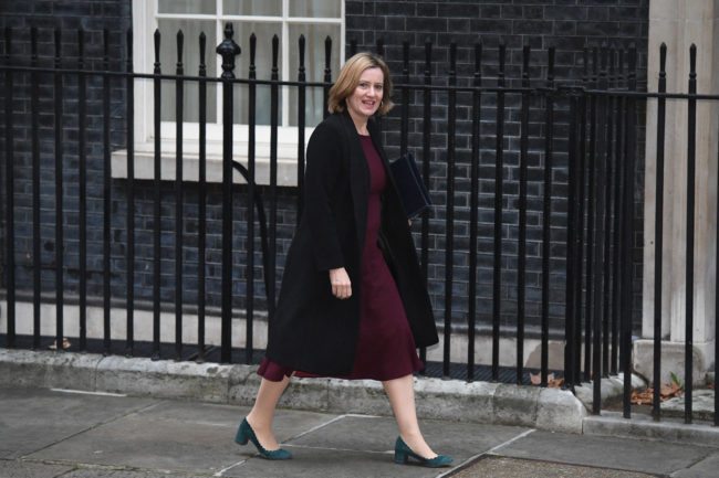 LONDON, ENGLAND - JANUARY 09:  Home Secretary Amber Rudd arrives as goverment ministers attend the first Cabinet meeting of the year at 10 Downing Street on January 9, 2018 in London, England.  Theresa May's reshuffled cabinet meets for the first time today.  Justine Greening quit the government last night after being moved from Education, she is replaced by Damian Hinds.  Health Secretary Jeremy Hunt's role has been extended to include social care, Esther McVey becomes Work and Pensions Secretary and Karen Bradley replaces James Brokenshire as Northern Ireland Secretary.  (Photo by Leon Neal/Getty Images)
