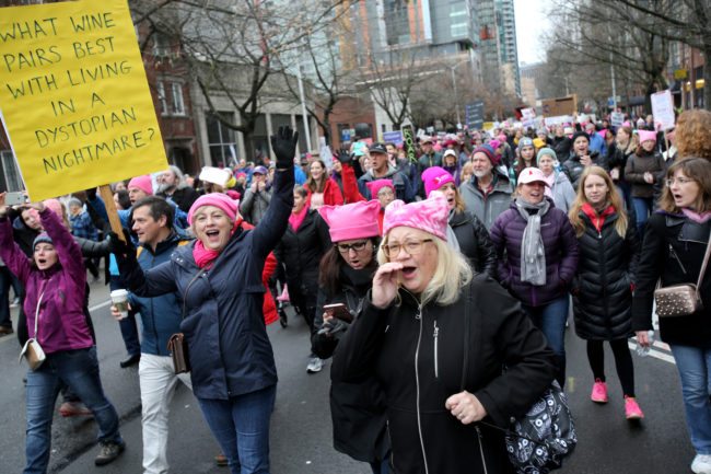 SEATTLE, WA - JANUARY 20: Thousands march down 4th Avenue during the Women's March on January 20, 2018 in Seattle, Washington. Across the nation hundreds of thousands of people are marching on what is the one-year anniversary of President Donald Trump's swearing-in to protest against his past statements on women and to celebrate women's rights around the world. (Photo by Karen Ducey/Getty Images)