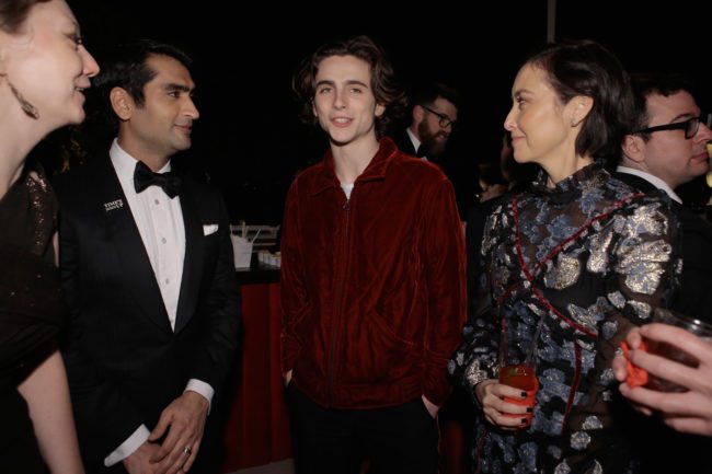 WEST HOLLYWOOD, CA - JANUARY 21: In this handout photo provided by Netflix, writer Emily V. Gordon, actor Kumail Nanjiani, Timothee Chalamet and casting director Carmen Cuba attends the Netflix Hosts The SAG After Party At The Sunset Tower Hotel on January 21, 2018 in West Hollywood, California. (Photo by Netflix via Getty Images)