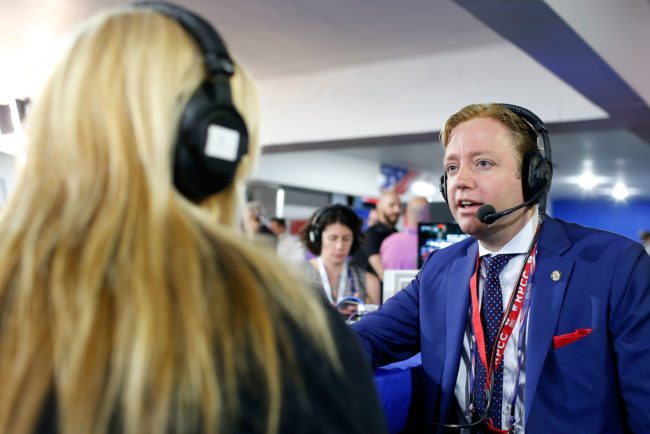 CLEVELAND, OH - JULY 20: Gregory Angelo, President of the Log Cabin Republicans, is interviewed by Julie Mason, while appearing on "The Press Pool" at Quicken Loans Arena on July 20, 2016 in Cleveland, Ohio. (Photo by Kirk Irwin/Getty Images for SiriusXM)