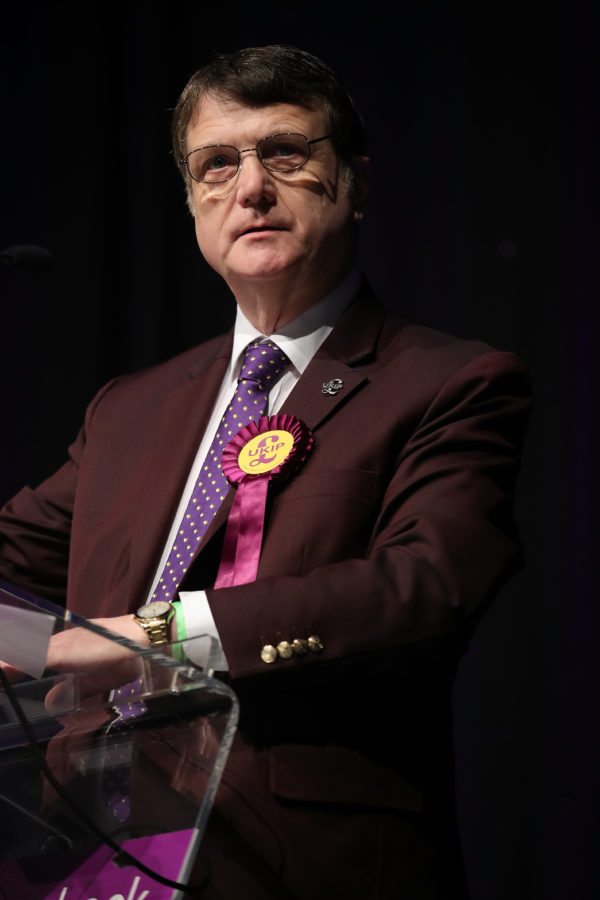 BOLTON, ENGLAND - FEBRUARY 17: Ukip Brexit spokesman Gerard Batten MEP addresses party members during the UKIP Annual Spring Conference at the Macron Stadium on February 17, 2017 in Bolton, England. The annual conference comes ahead of crucial by-elections for the party in Stoke-On-Trent and Copeland. (Photo by Christopher Furlong/Getty Images)