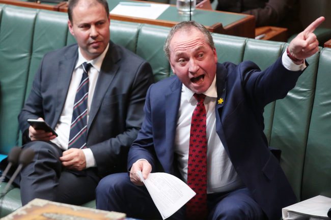 CANBERRA, AUSTRALIA - MAY 11: Deputy Prime Minister Barnaby Joyce during House of Representatives question time at Parliament House on May 11, 2017 in Canberra, Australia. The Turnbull Goverment's second budget has delivered additional funds to education, a plan to assist first home buyers, along with a crackdown on welfare.