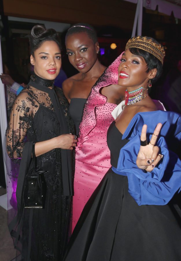 HOLLYWOOD, CA - JANUARY 29: (L-R) Actor Tessa Thompson, actor Danai Gurira and recording artist Janelle Monae at the Los Angeles World Premiere of Marvel Studios' BLACK PANTHER at Dolby Theatre on January 29, 2018 in Hollywood, California. (Photo by Jesse Grant/Getty Images for Disney)