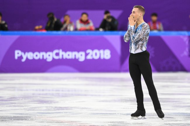 USA's Adam Rippon reacts after finishing his routine in the figure skating team event men's single skating free skating during the Pyeongchang 2018 Winter Olympic Games at the Gangneung Ice Arena in Gangneung on February 12, 2018. / AFP PHOTO / Roberto SCHMIDT (Photo credit should read ROBERTO SCHMIDT/AFP/Getty Images)