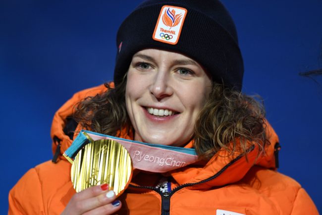 Netherlands' gold medallist Ireen Wust poses on the podium during the medal ceremony for the speed skating women's 1500m at the Pyeongchang Medals Plaza during the Pyeongchang 2018 Winter Olympic Games in Pyeongchang on February 13, 2018. / AFP PHOTO / Kirill KUDRYAVTSEV (Photo credit should read KIRILL KUDRYAVTSEV/AFP/Getty Images)