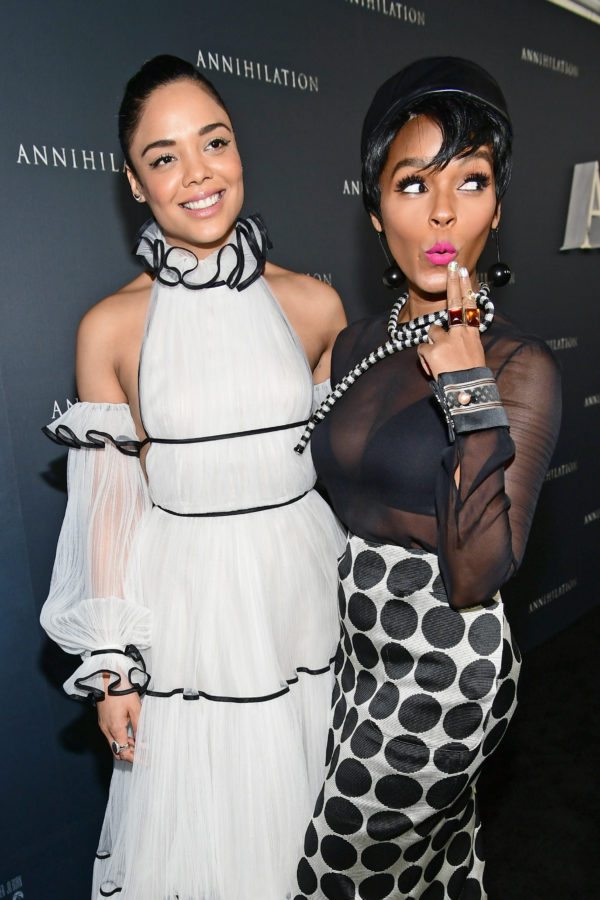 WESTWOOD, CA - FEBRUARY 13: Tessa Thompson (L) and Janelle Monae attend the premiere of Paramount Pictures' 'Annihilation' at Regency Village Theatre on February 13, 2018 in Westwood, California. (Photo by Emma McIntyre/Getty Images)