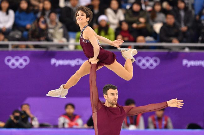 Canada's Meagan Duhamel and Canada's Eric Radford compete in the pair skating free skating of the figure skating event during the Pyeongchang 2018 Winter Olympic Games at the Gangneung Ice Arena in Gangneung on February 15, 2018.  / AFP PHOTO / Mladen ANTONOV        (Photo credit should read MLADEN ANTONOV/AFP/Getty Images)