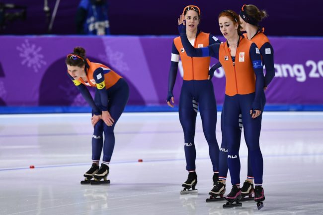 (L-R) Netherlands' Ireen Wust, Netherlands' Marrit Leenstra, Netherlands' Lotte van Beek and Netherlands' Antoinette De Jong react after the women's team pursuit final A speed skating event during the Pyeongchang 2018 Winter Olympic Games at the Gangneung Oval in Gangneung on February 21, 2018. / AFP PHOTO / ARIS MESSINIS        (Photo credit should read ARIS MESSINIS/AFP/Getty Images)