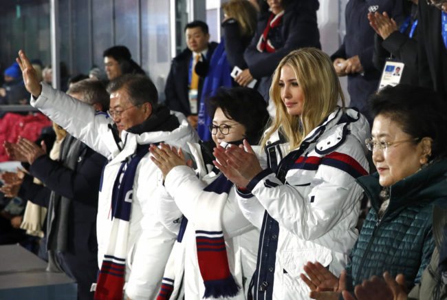 (From L) South Korean President Moon Jae-in, first lady Kim Jung-sook, US President's daughter and senior White House adviser Ivanka Trump and Chinese Vice Premier Liu Yandong applaud as athletes from North and South Korea walk together during the closing ceremony of the Pyeongchang 2018 Winter Olympic Games at the Pyeongchang Stadium on February 25, 2018. / AFP PHOTO / POOL / Patrick Semansky (Photo credit should read PATRICK SEMANSKY/AFP/Getty Images)