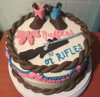 Gender reveal cake 'ruffles or rifles?'